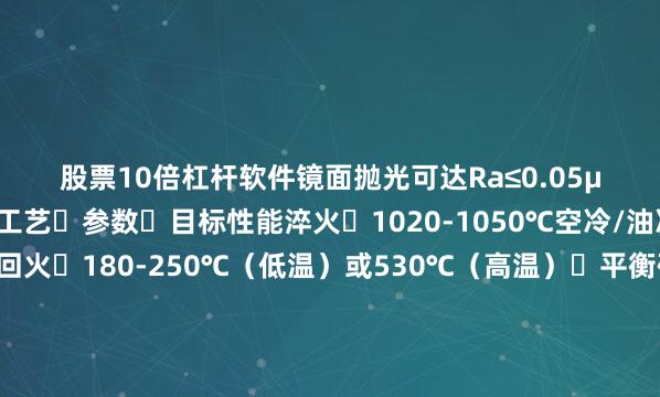 股票10倍杠杆软件镜面抛光可达Ra≤0.05μm三、热处理工艺工艺	参数	目标性能淬火	1020-1050℃空冷/油冷	硬度HRC60-62回火	180-250℃（低温）或530℃（高温）	平衡硬度与韧性四、应用领域精密冲压：不锈钢薄板冲裁模（寿命超40万次）、电子连接件精密成型冷锻/拉伸：汽车螺栓冷镦模、家电外壳深拉延模特种工具：粉末冶金模具、螺纹滚模、精密刀具五、国际对标标准	牌号	差异点中国